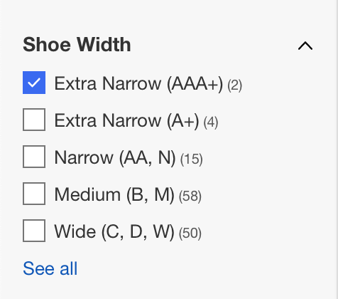 eBayの靴の幅の絞り込み欄にワイズAAA（Extra Narrow）が表示されている画面